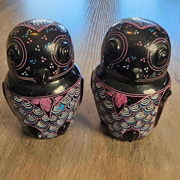Vintage Burmese Lacquerware Owl Jar Set Purple & Black - Picture 10 of 10
